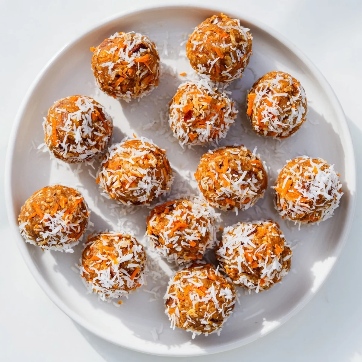 No Bake Carrot Cake Bites stacked on a white plate, showing their moist texture and flecks of grated carrot, perfect for a healthy snack.