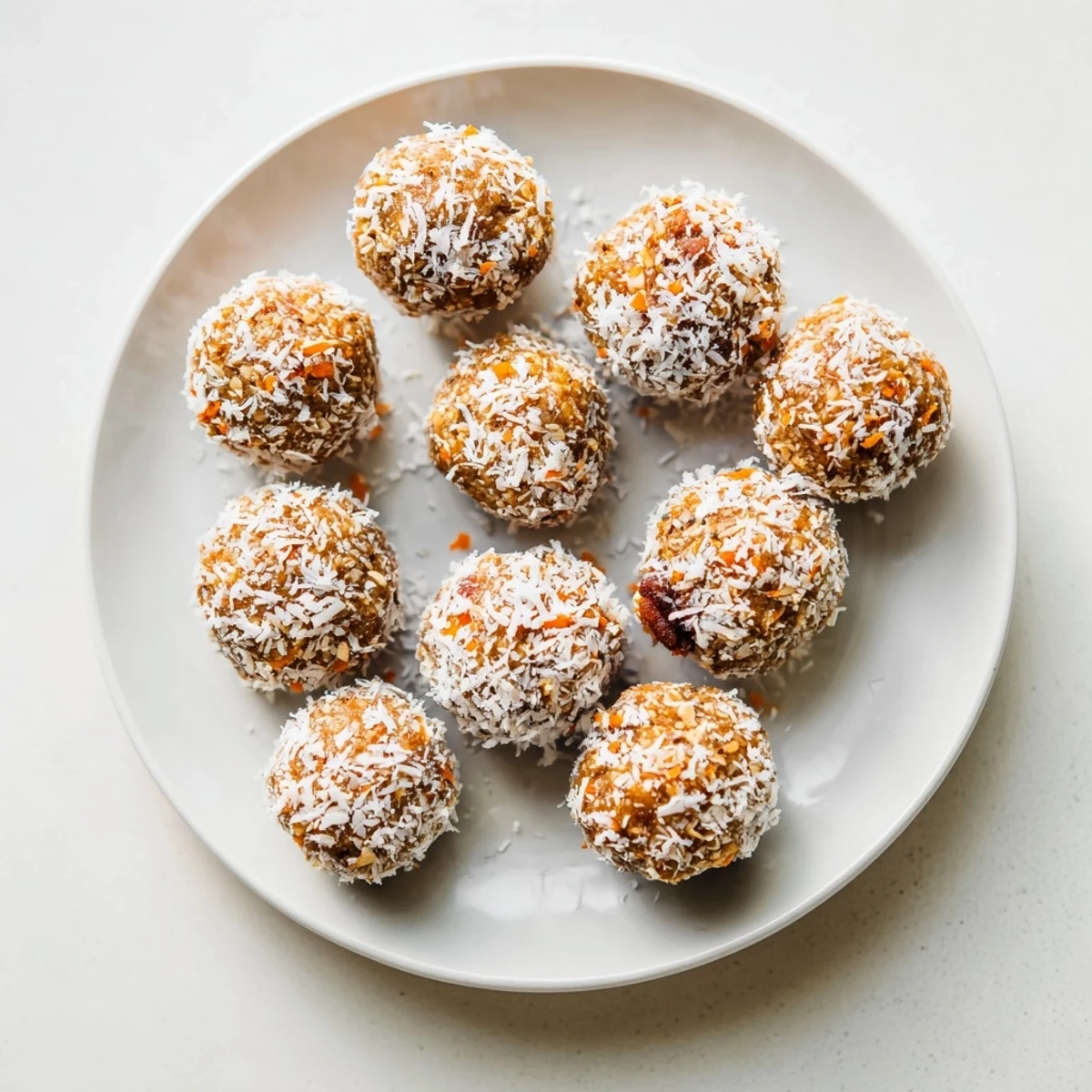 A close-up of No Bake Carrot Cake Bites rolled in shredded coconut, highlighting the natural sweetness from dates and warm cinnamon spices.