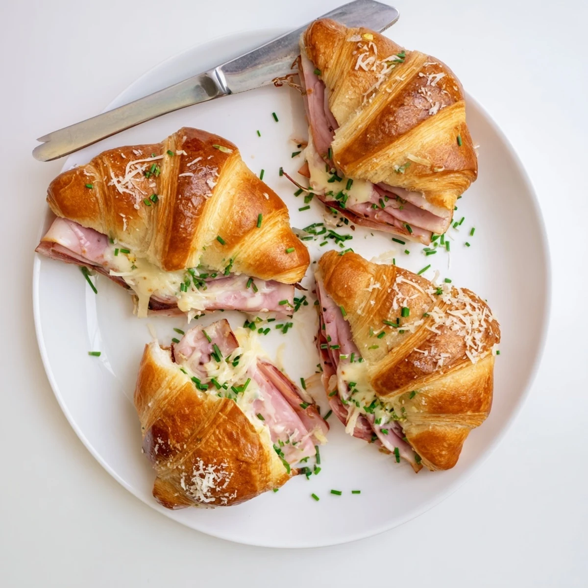 Golden-baked Stuffed Croissants with melted Swiss cheese and ham, brushed with egg wash on a wooden board.  