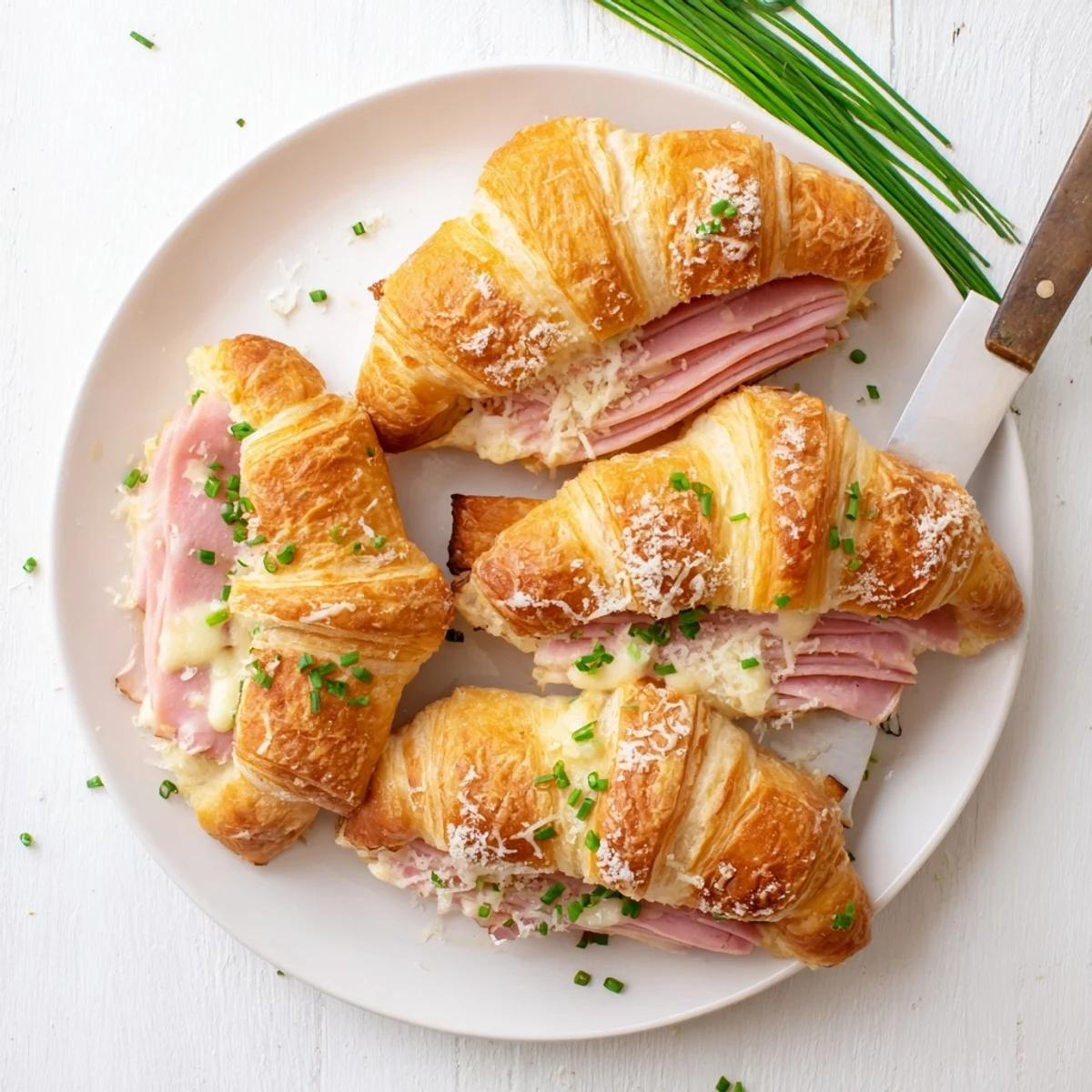 Freshly baked Stuffed Croissants in a white dish, golden crust with melted cheese and chives garnish.