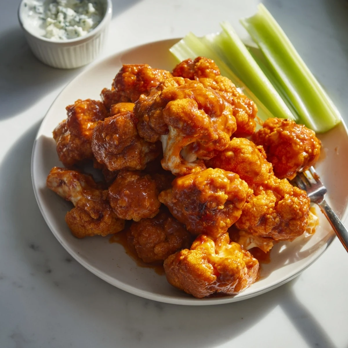 Golden, crispy Air Fryer Buffalo Cauliflower florets coated in tangy red sauce, served with celery sticks and blue cheese dip.