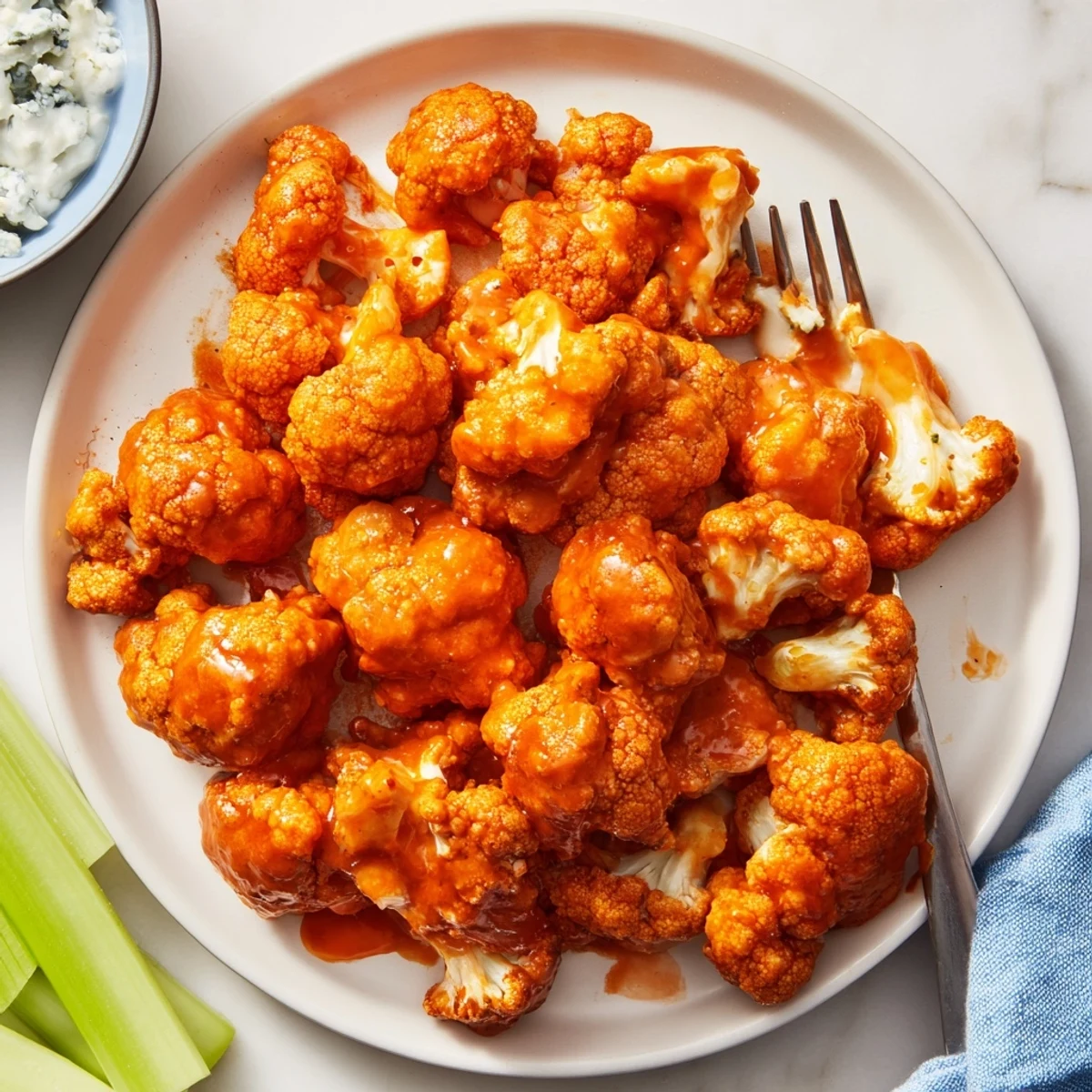 Air Fryer Buffalo Cauliflower bites with spicy glaze, perfect for game day or as a hearty vegetarian snack.