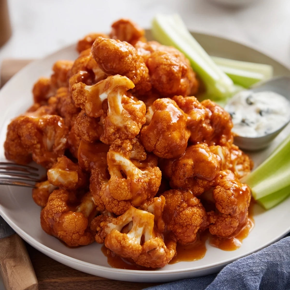 Freshly cooked Air Fryer Buffalo Cauliflower, glistening with buffalo sauce and served alongside cool ranch dressing for dipping.