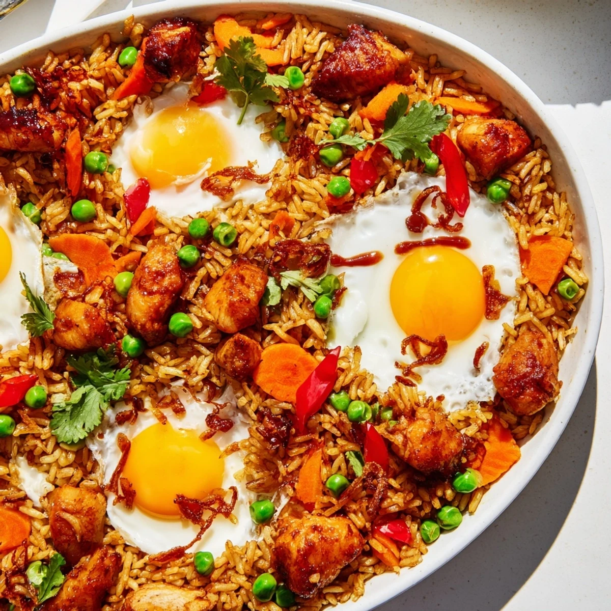 Golden-brown Nasi Goreng Tray Bake with tender chicken, vibrant vegetables, and sunny-side-up eggs on a baking sheet.