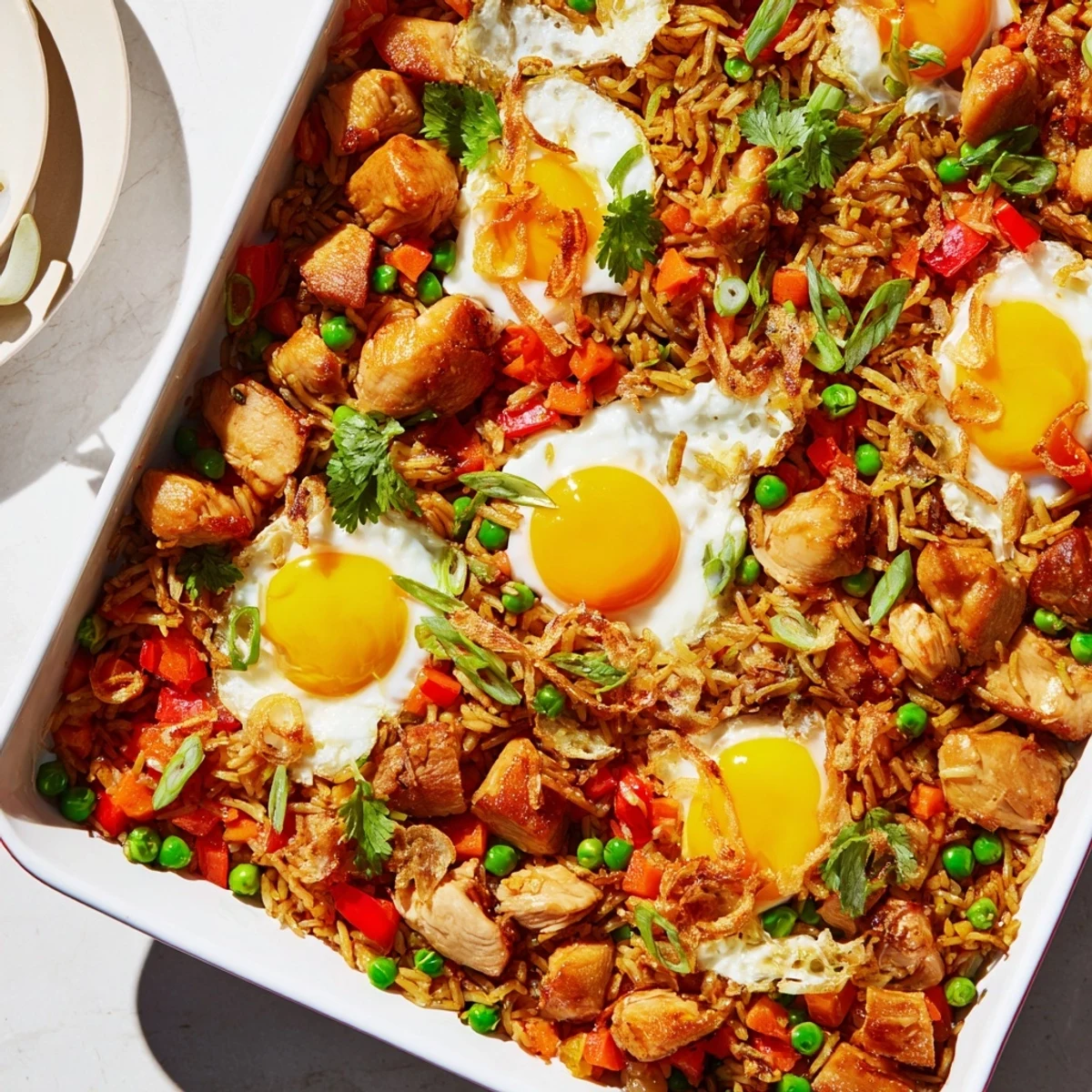 Fork-ready Nasi Goreng Tray Bake featuring fluffy rice, caramelized edges, and fresh lime wedges for garnish.