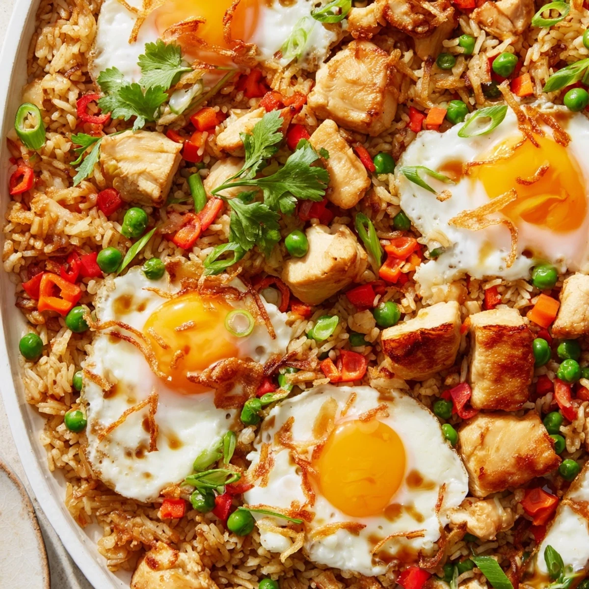 Hot from the oven, this Nasi Goreng Tray Bake offers succulent chicken and fragrant spices over rice.