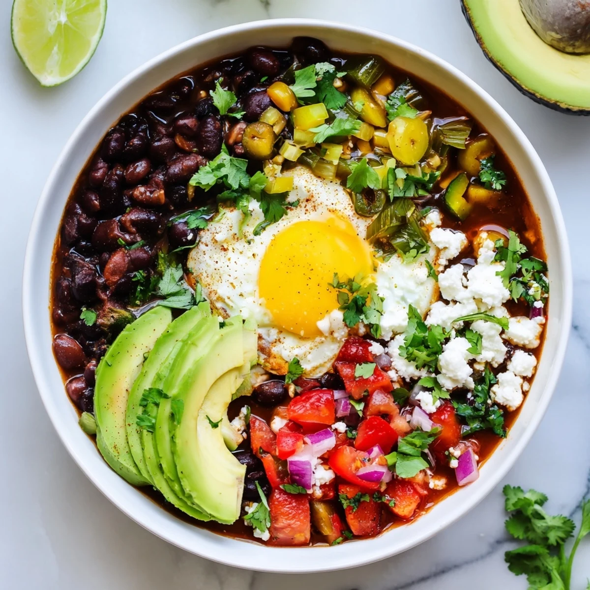 Warm Mexican Braised Beans in a skillet topped with soft-boiled egg, lime wedges, and crumbled queso fresco.