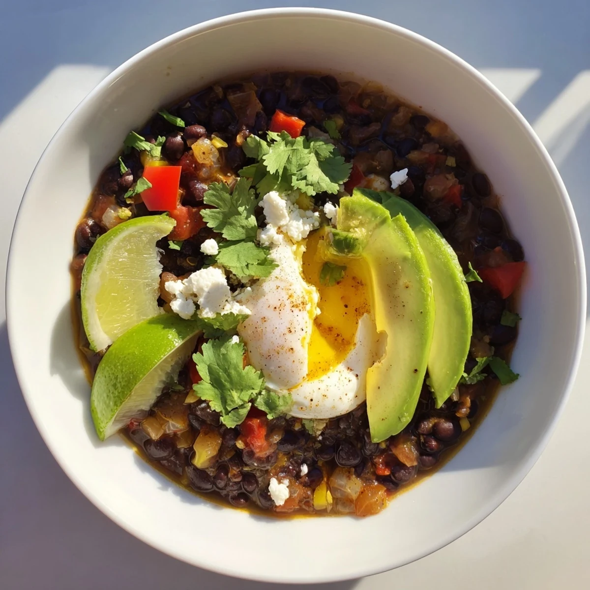 Hearty Mexican Braised Beans served with soft-boiled egg, sliced avocado, and fresh cilantro for a comforting meal.