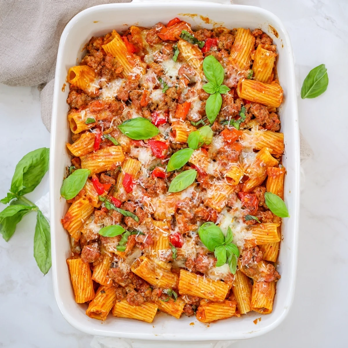 Fork-ready Quick Sausage Pasta Bake served on a white plate with fresh basil, a crisp green salad, and a glass of Chianti.