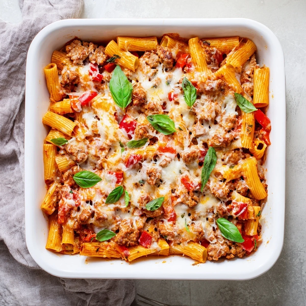Golden, bubbling Quick Sausage Pasta Bake fresh from the oven, featuring penne in rich tomato sauce with savory sausage and melted mozzarella.