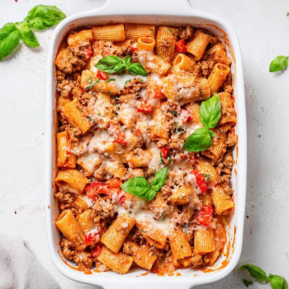 Sizzling Quick Sausage Pasta Bake with golden Parmesan crust, steaming on a wooden table, offering a hearty weeknight dinner for four.