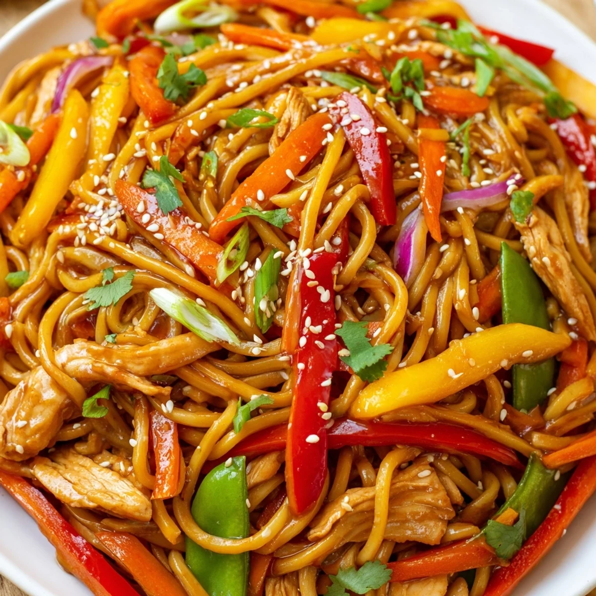 Steaming Sweet Chilli Turkey Noodle Stir Fry served in a wok, garnished with green onions and sesame seeds.