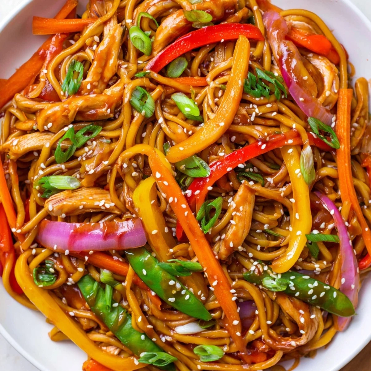 A close-up of Sweet Chilli Turkey Noodle Stir Fry, showcasing juicy turkey and crunchy vegetables on noodles.