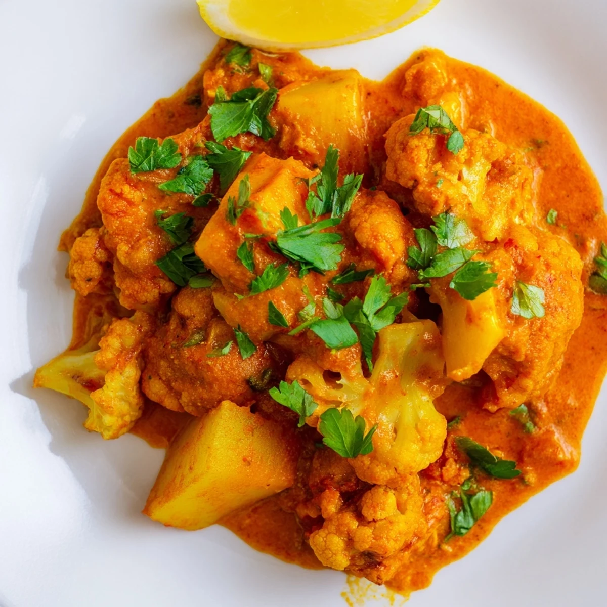 Golden cubes of Indian Butter Spiced Potatoes and Cauliflower simmer in a creamy tomato sauce, garnished with fresh cilantro.