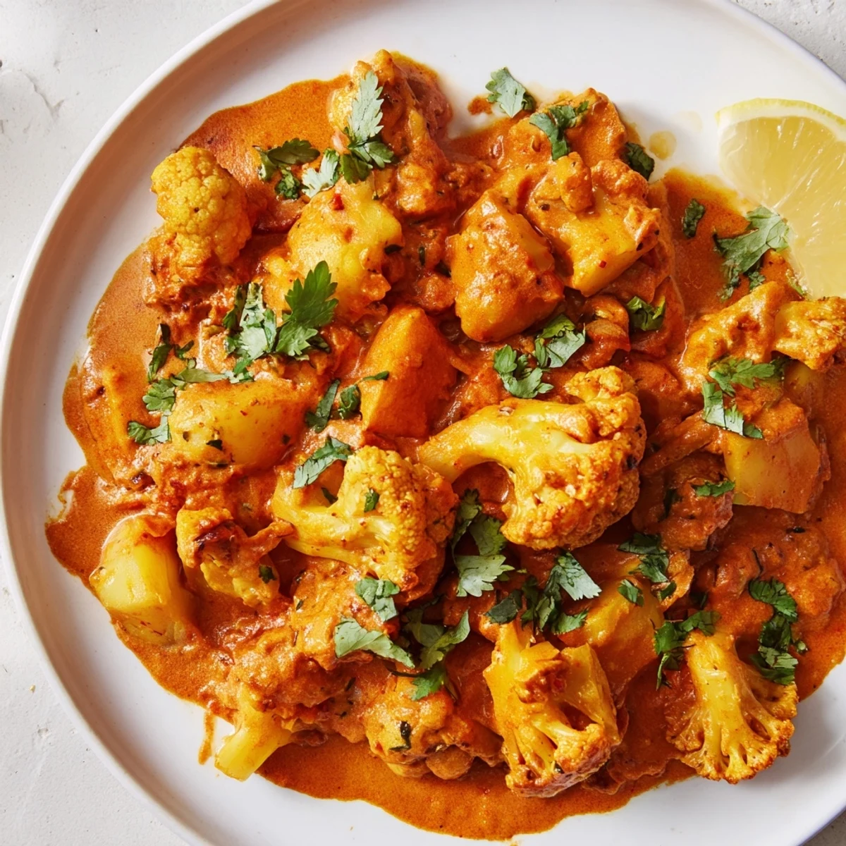 Spoonful of Indian Butter Spiced Potatoes and Cauliflower served over fluffy basmati rice with warm naan on the side.