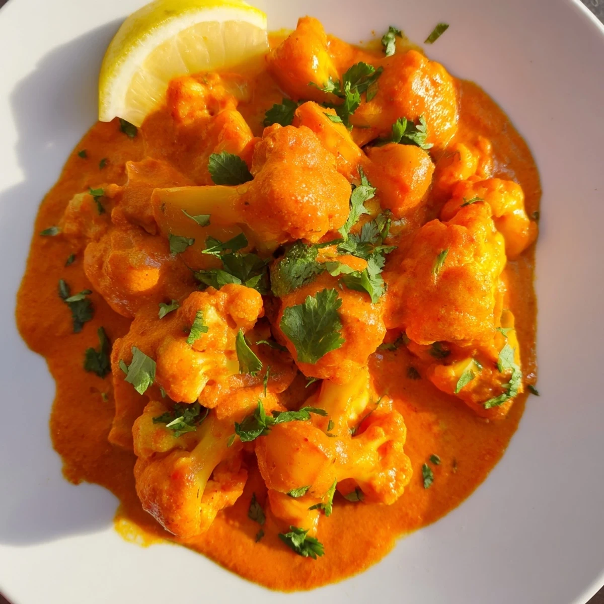Aromatic Indian Butter Spiced Potatoes and Cauliflower in a rich buttery sauce, topped with a bright lemon wedge.