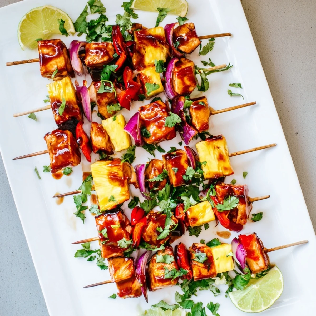 Grilled Chicken and Pineapple BBQ Skewers glisten with smoky sauce on a platter beside lime wedges.  