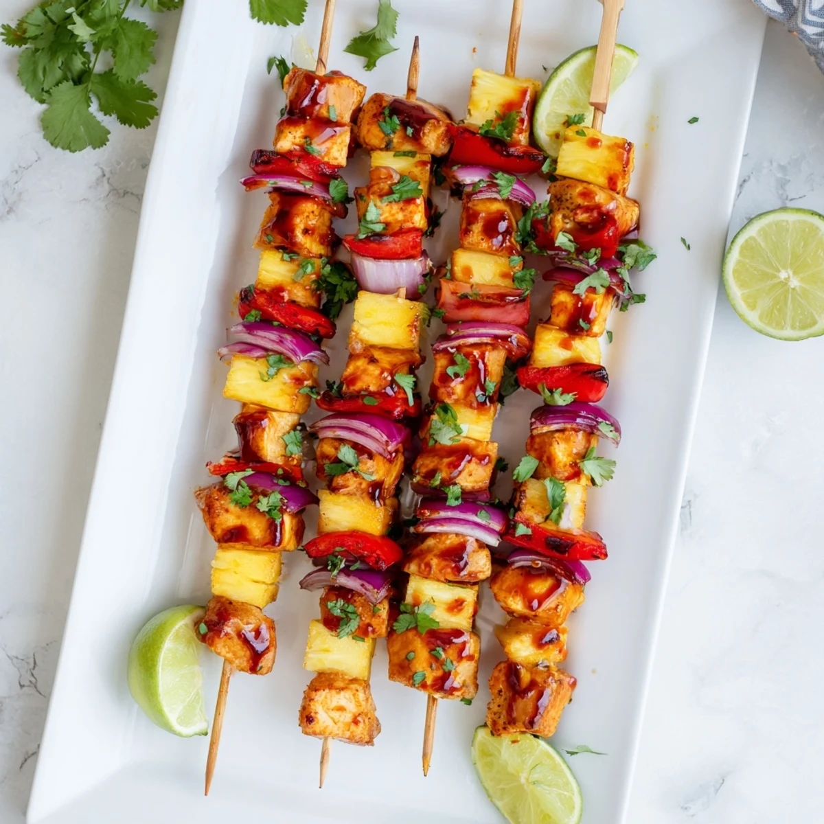 Juicy Chicken and Pineapple BBQ Skewers served on a wooden board with fresh cilantro garnish.