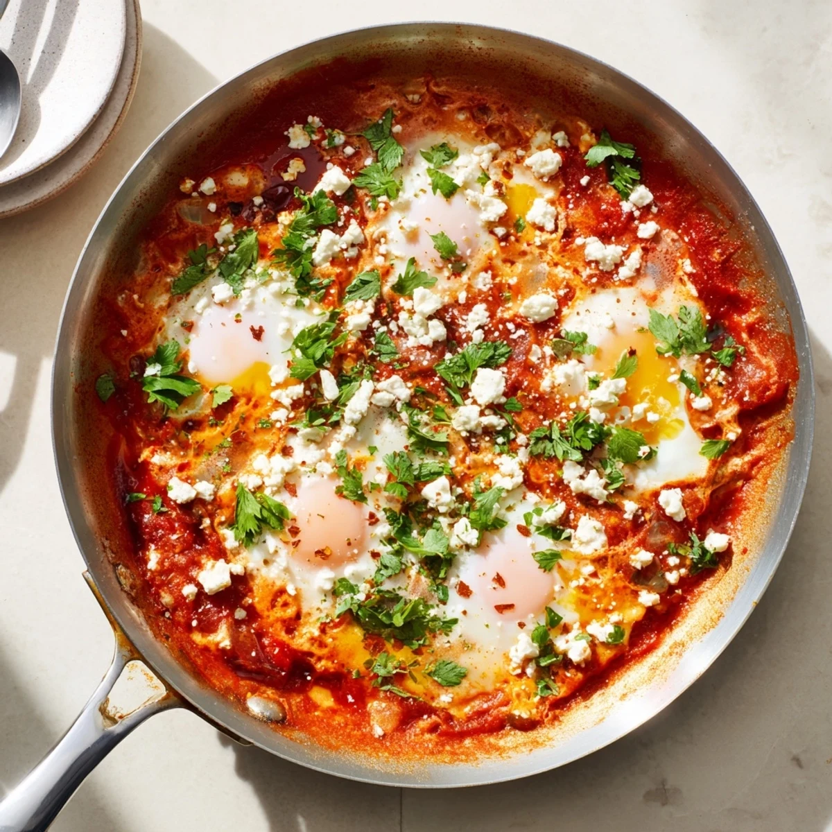 Vivid red tomato and pepper sauce cradles poached eggs in this Quick Shakshuka, garnished with fresh herbs and crumbled feta.