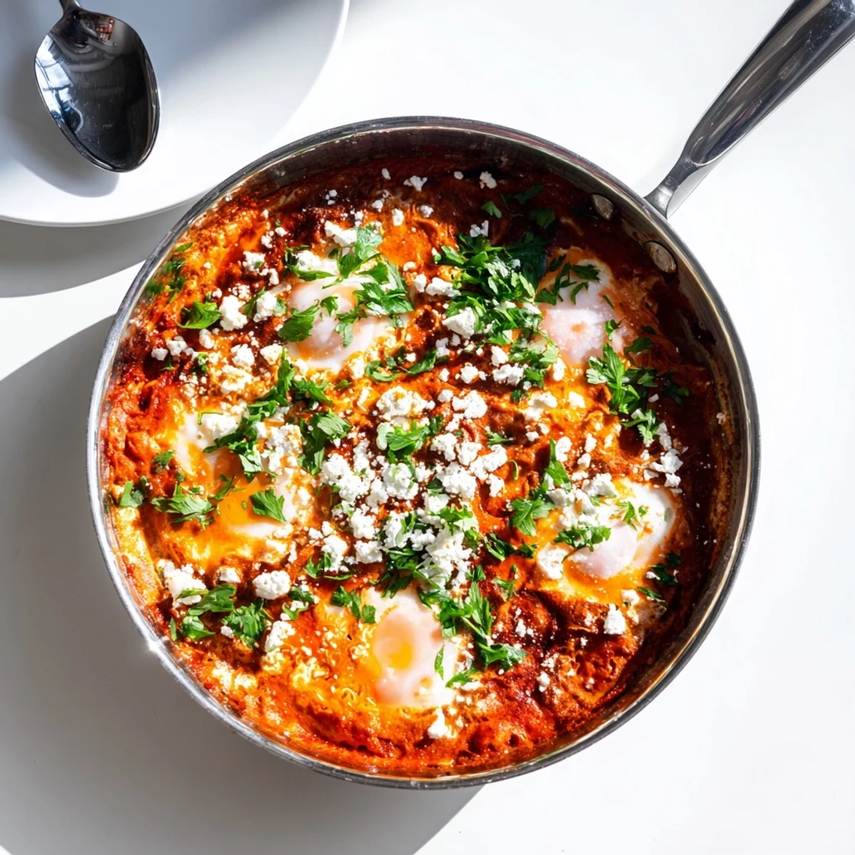 In a sizzling skillet, the Quick Shakshuka simmers warmly, its runny-yolked eggs nestled in the rich, spiced tomato base.