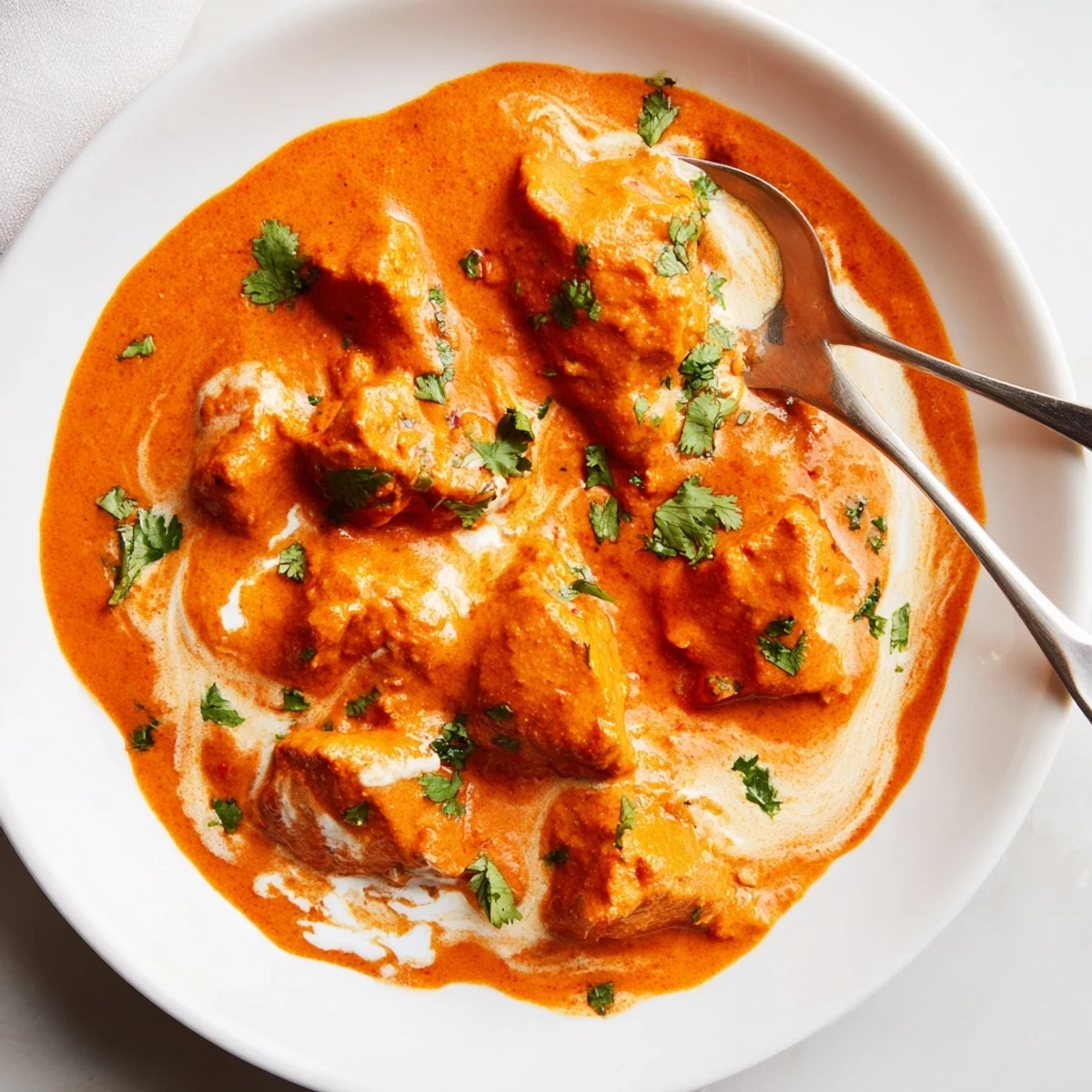 A close-up of Butter Chicken and Vegetable Fritters garnished with cilantro on a rustic wooden table.