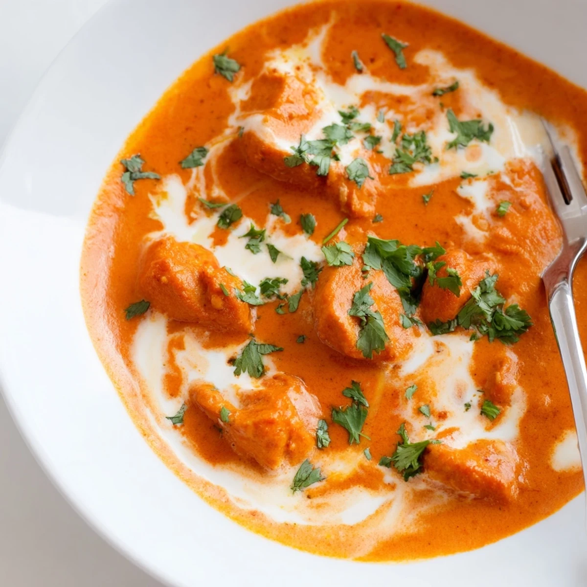 Golden-brown vegetable fritters served alongside creamy, spiced Butter Chicken and Vegetable Fritters on a dinner plate.