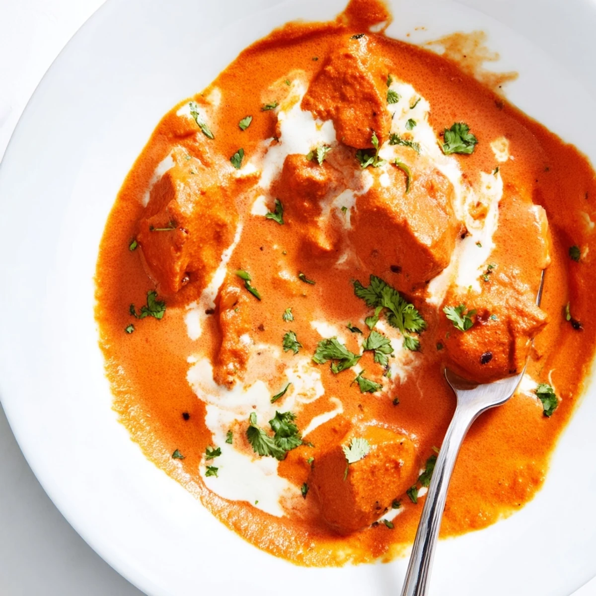 Sizzling Butter Chicken and Vegetable Fritters plated with a side of rice for a comforting meal.