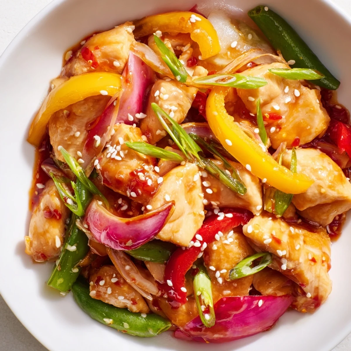 Quick Sweet Chilli Chicken Stir Fry with tender chicken and crisp bell peppers glistening in sweet chili sauce.