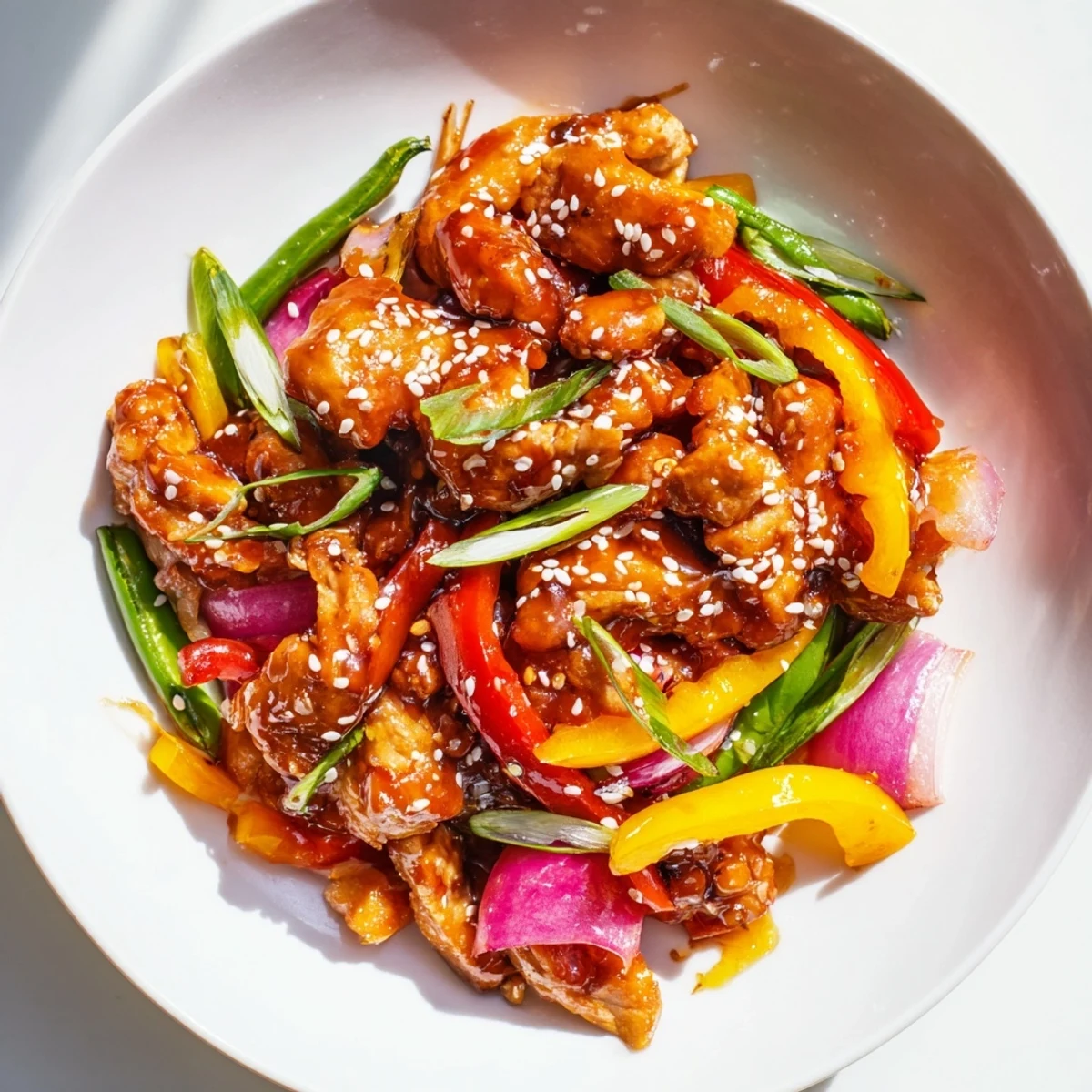 A close-up of Quick Sweet Chilli Chicken Stir Fry garnished with sesame seeds and fresh green onions.
