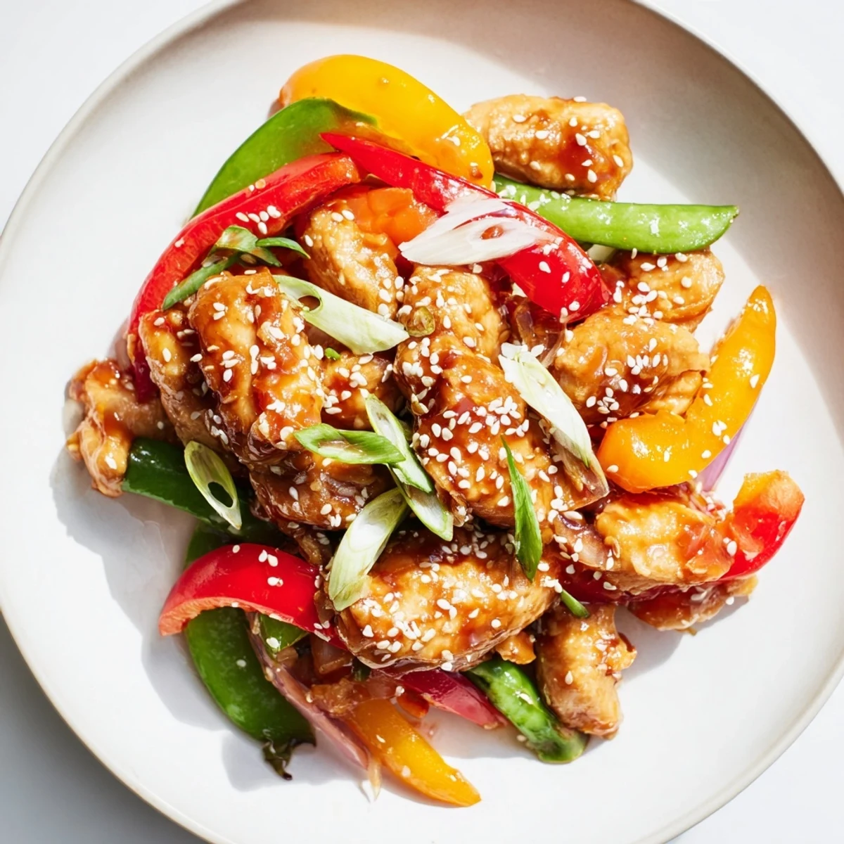 Quick Sweet Chilli Chicken Stir Fry served hot over fluffy white rice with vibrant vegetables and sauce.
