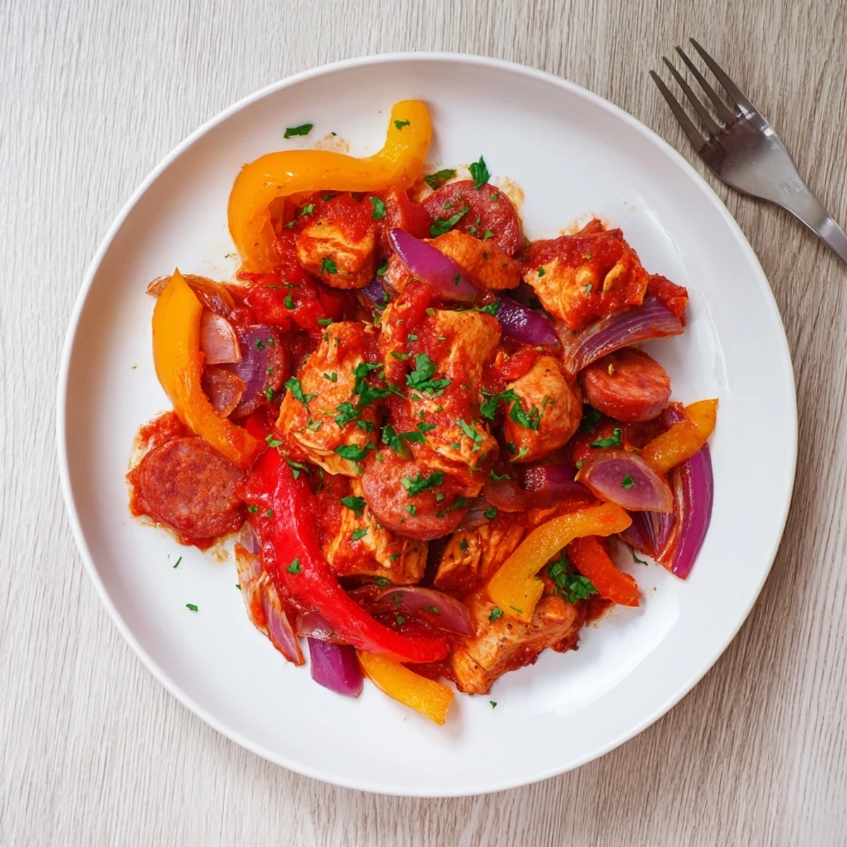 Tender chicken thighs and smoky chorizo rest beside sweet peppers in a steamy skillet of Capsicum, Tomato, and Chicken with Chorizo for a comforting dinner.