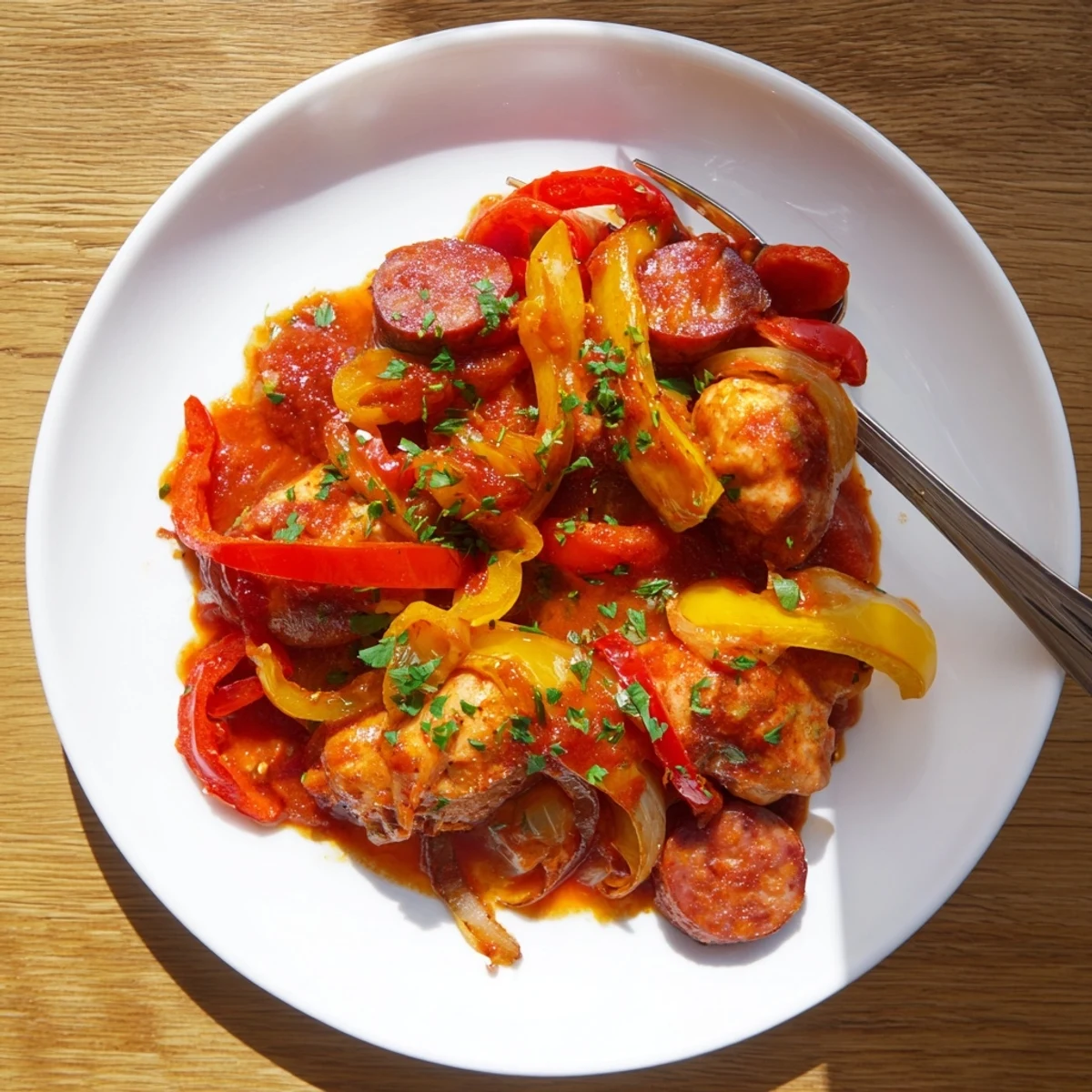 Sizzling chorizo and golden chicken pieces mingle with colorful capsicum in a rich tomato sauce, served hot in this one-pan Capsicum, Tomato, and Chicken with Chorizo.