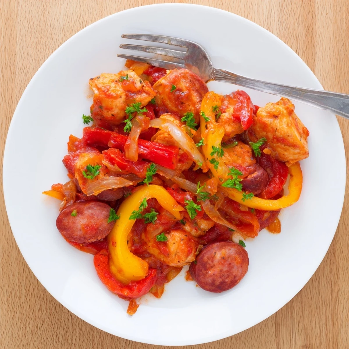 A rustic serving of Capsicum, Tomato, and Chicken with Chorizo showcases vibrant red and yellow peppers, fresh parsley garnish, and crusty bread on the side.