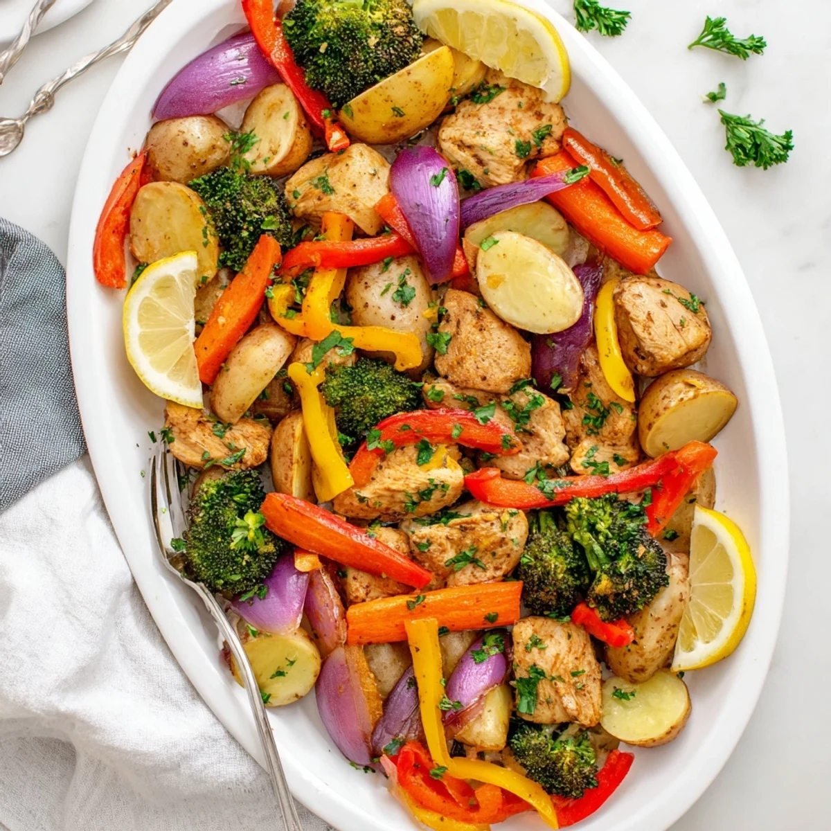 Freshly roasted Sheet Pan Lemon Herb Chicken and Vegetables with golden edges and zesty aroma.