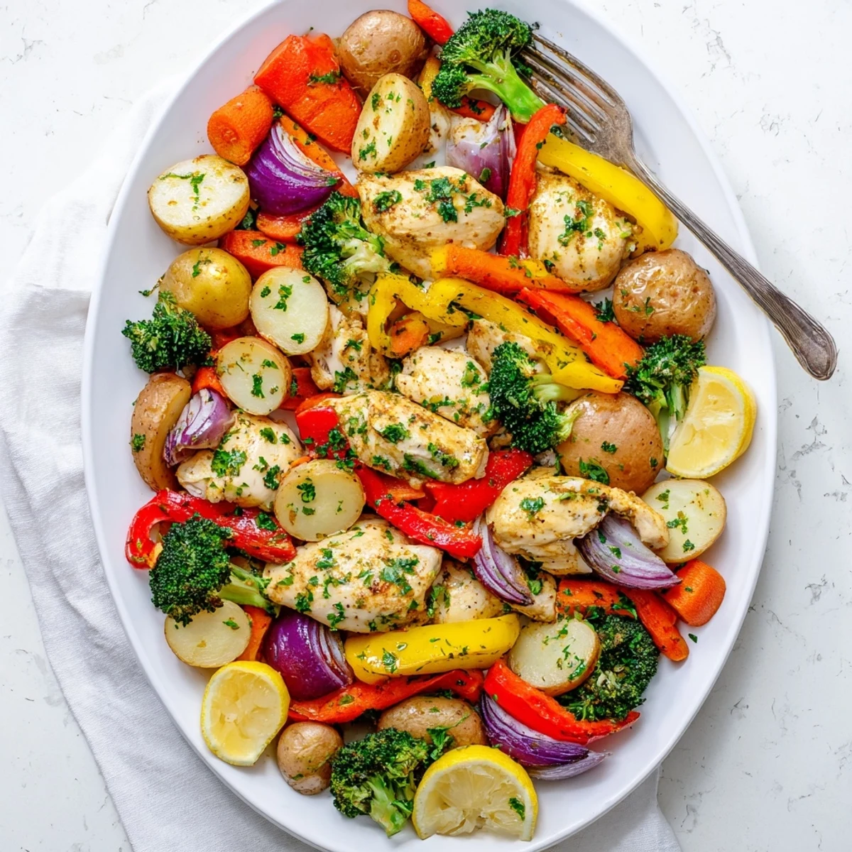 A close-up of Sheet Pan Lemon Herb Chicken and Vegetables garnished with parsley and lemon wedges.