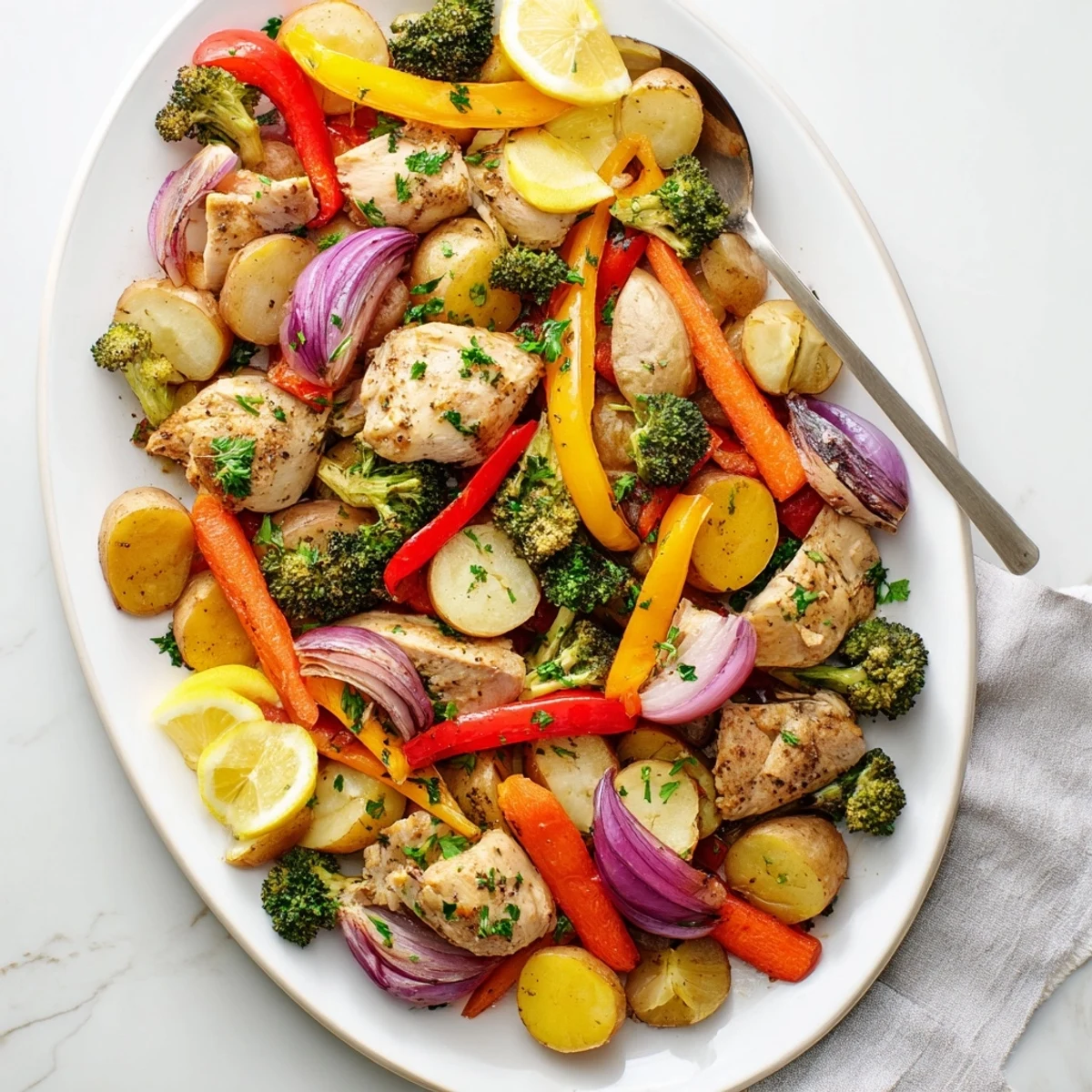 Sheet Pan Lemon Herb Chicken and Vegetables served hot with juicy chicken and colorful roasted veggies.