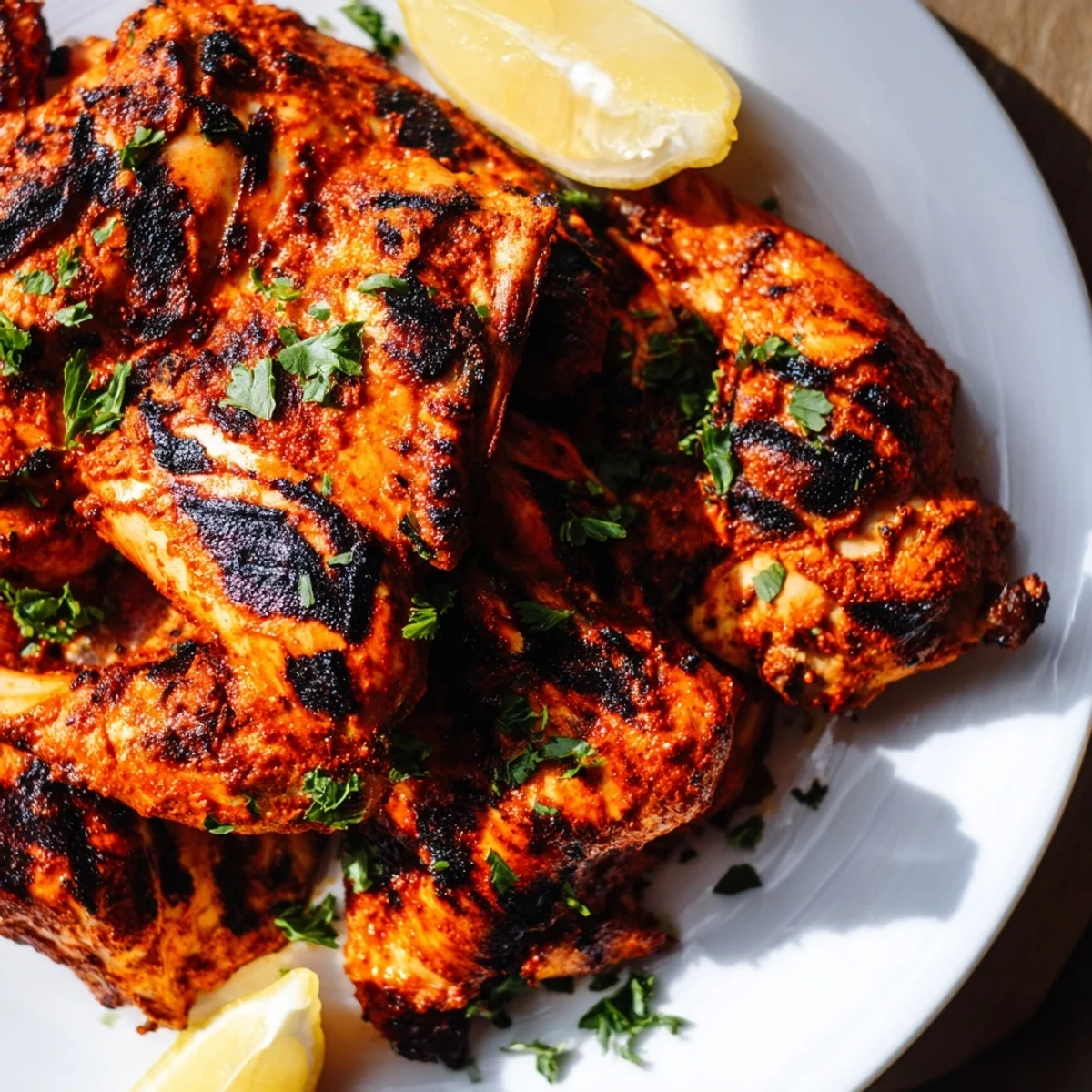 Golden, crispy-skinned Peri Peri Chicken Portuguese Style fresh off the grill, garnished with lemon wedges and parsley.