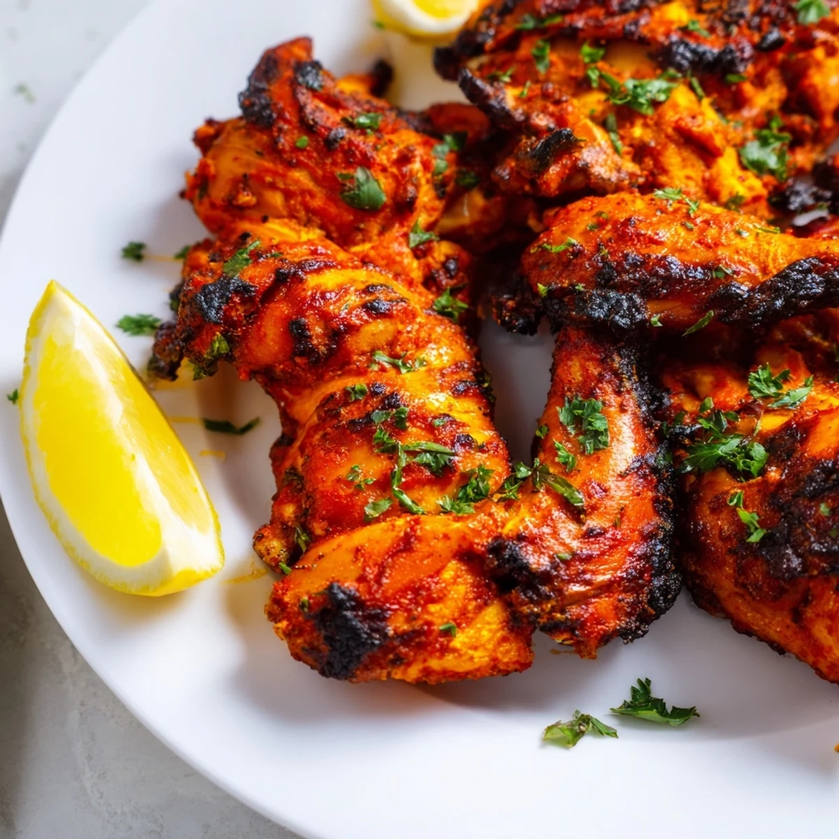 Juicy Peri Peri Chicken Portuguese Style roasted with charred edges, served alongside a fresh salad and lemon wedges.
