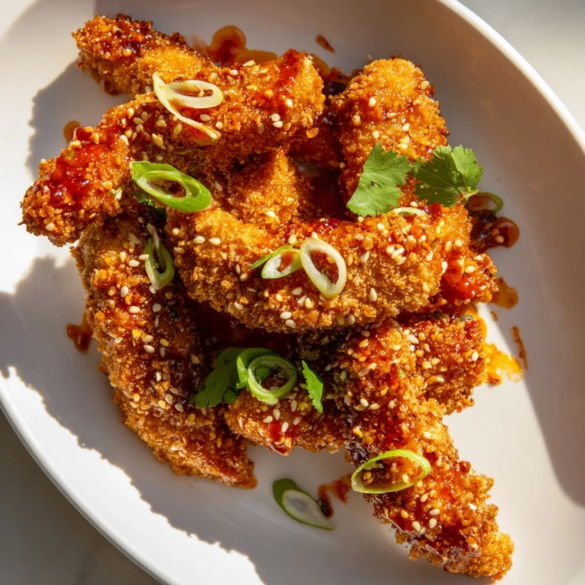 Crispy panko-coated Thai Sticky Chicken Fingers are tossed in a sticky ginger glaze, served hot alongside fresh lime wedges.