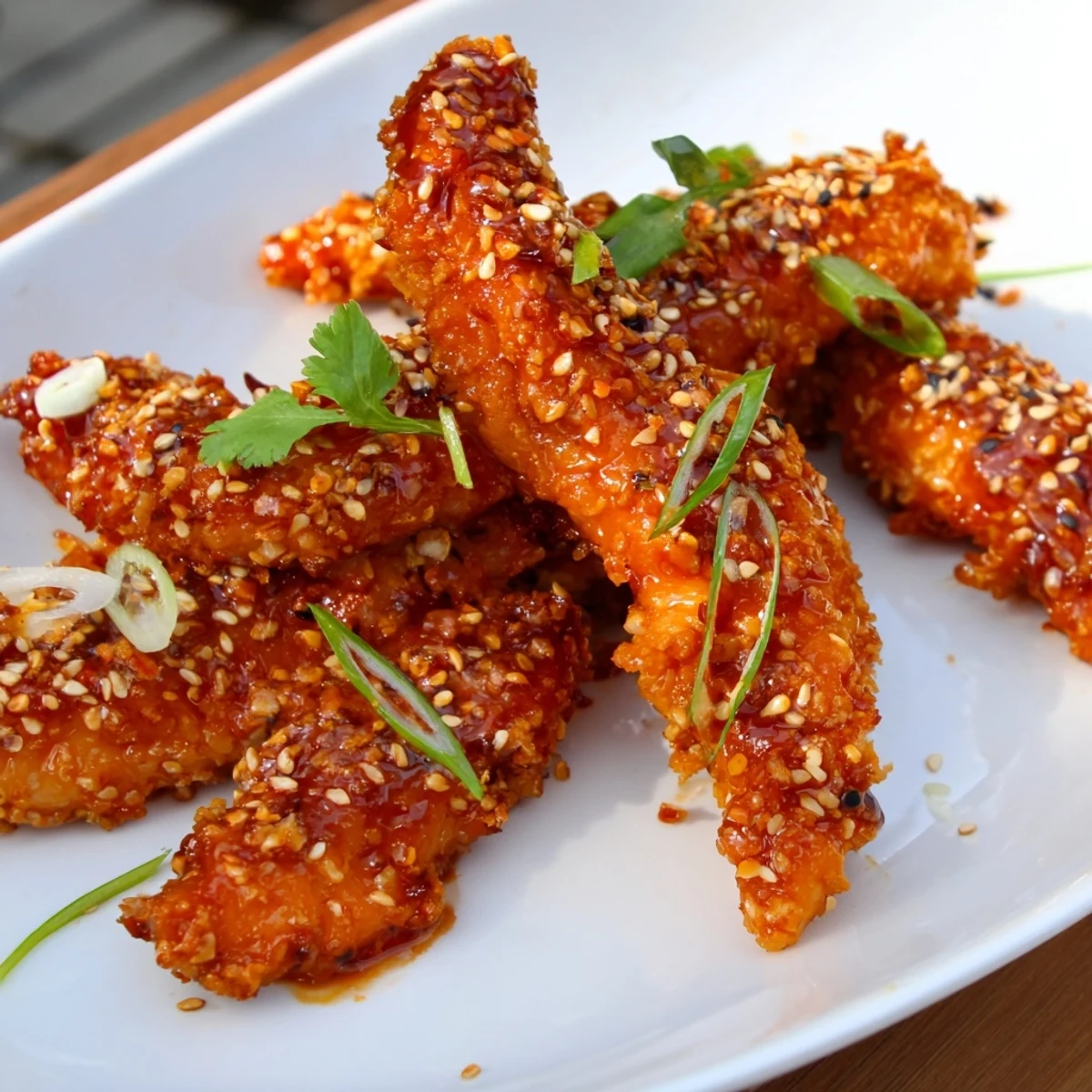 A close-up of Thai Sticky Chicken Fingers reveals tender meat, sticky glaze, and herbs, perfect for a game-day appetizer spread.