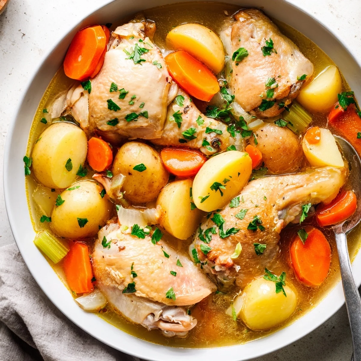 Savory slow cooker chicken with tender carrots, celery, and herbs, served garnished with fresh parsley for a wholesome dinner.