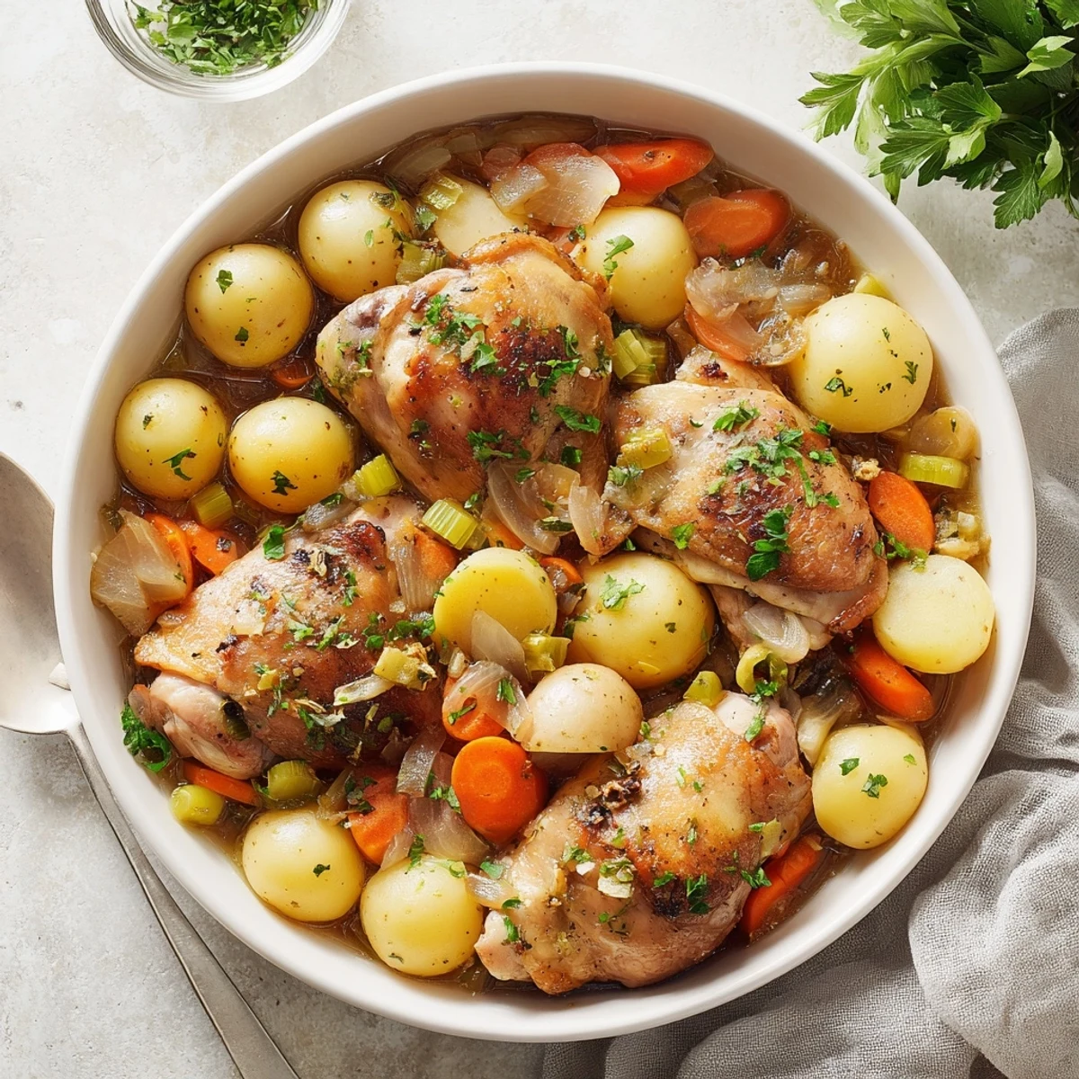 Healthy savory slow cooker chicken slow cooked with garlic and baby potatoes, featuring rich juices and a comforting aroma.
