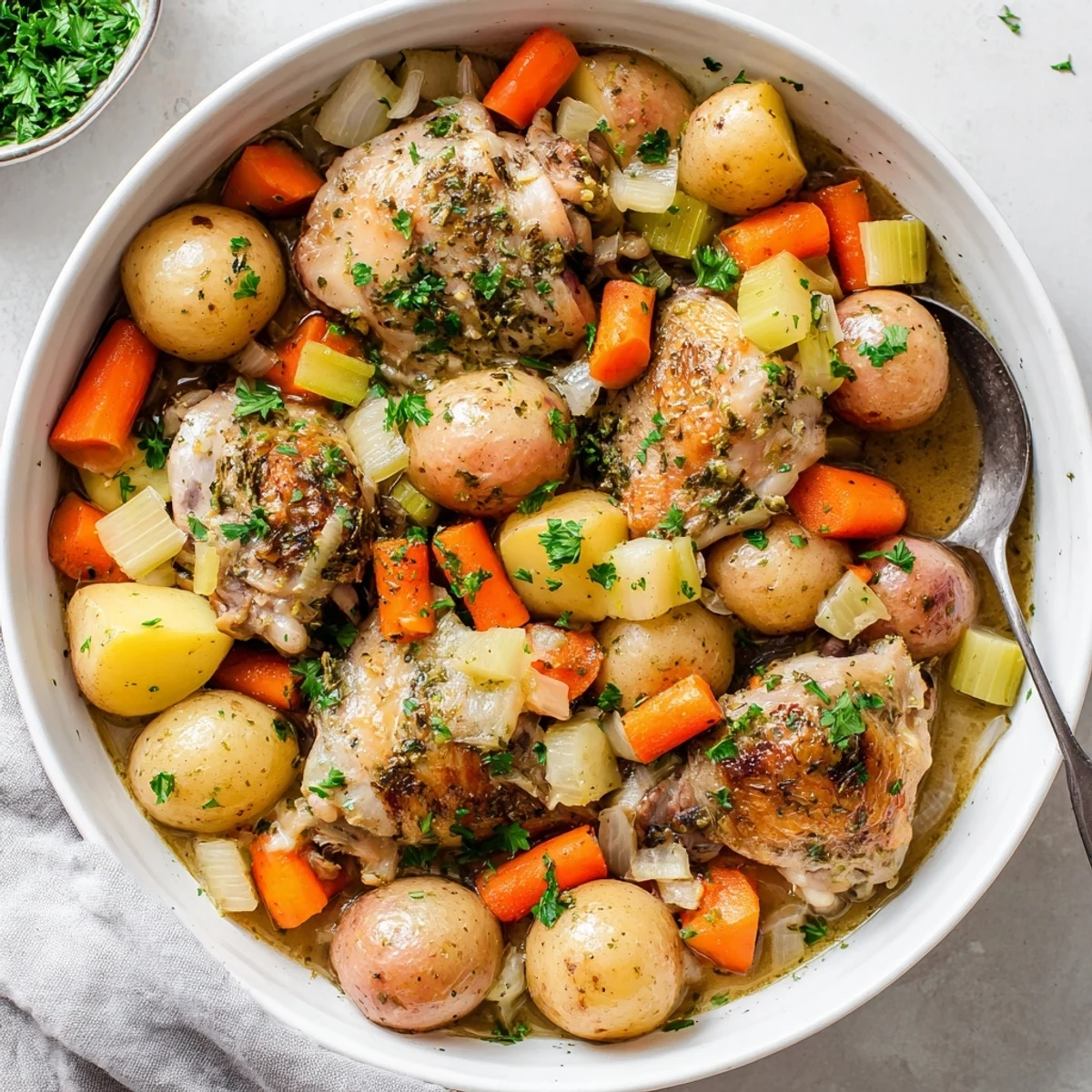Healthy savory slow cooker chicken rests in a crockpot, garnished with parsley and ready to serve over fluffy quinoa.