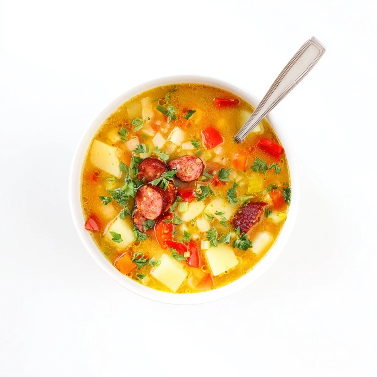 Steamy Spanish Potato Soup with Chorizo in a rustic bowl topped with fresh parsley and crisp chorizo slices.
