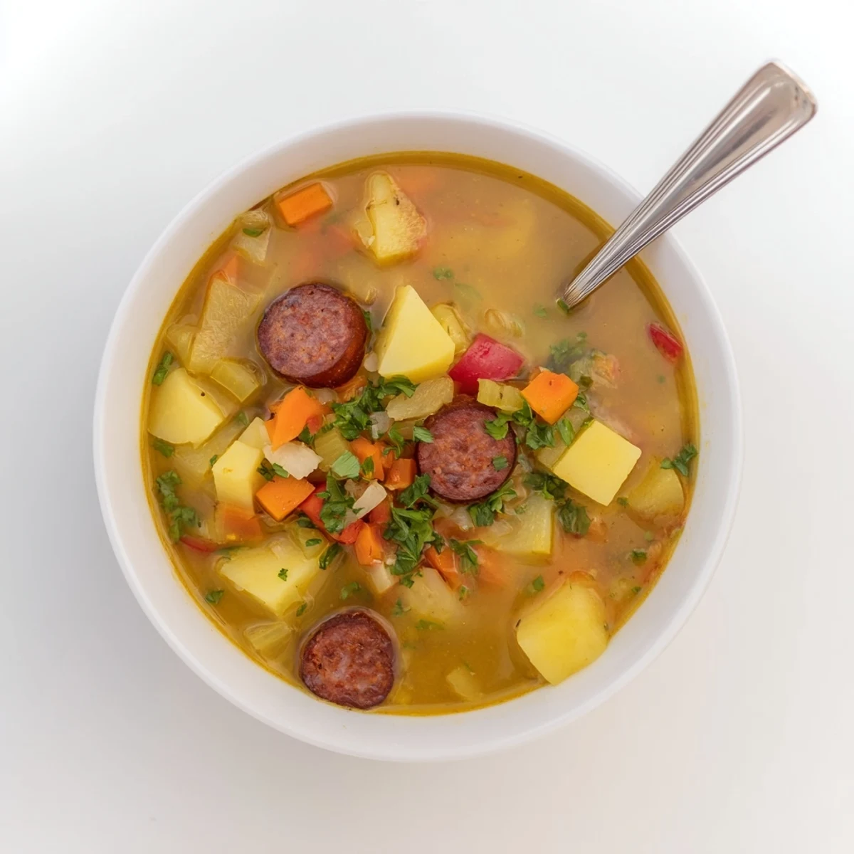 Hearty Spanish Potato Soup with Chorizo served with crusty bread for dipping beside a pot of simmering soup.