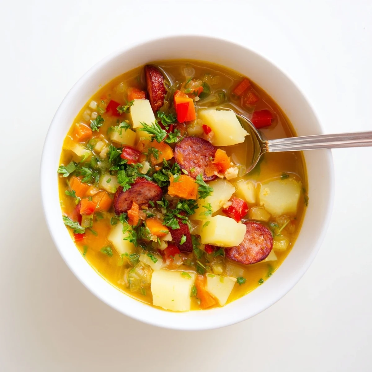 Spanish Potato Soup with Chorizo ladled into a bowl showing creamy potatoes, tender vegetables, and smoky paprika oil.