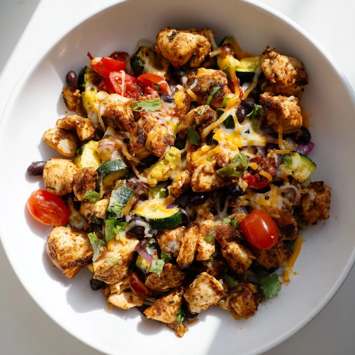 Golden sautéed zucchini and tender chicken pieces make up this Tex Mex Chicken and Zucchini one-pan dinner.