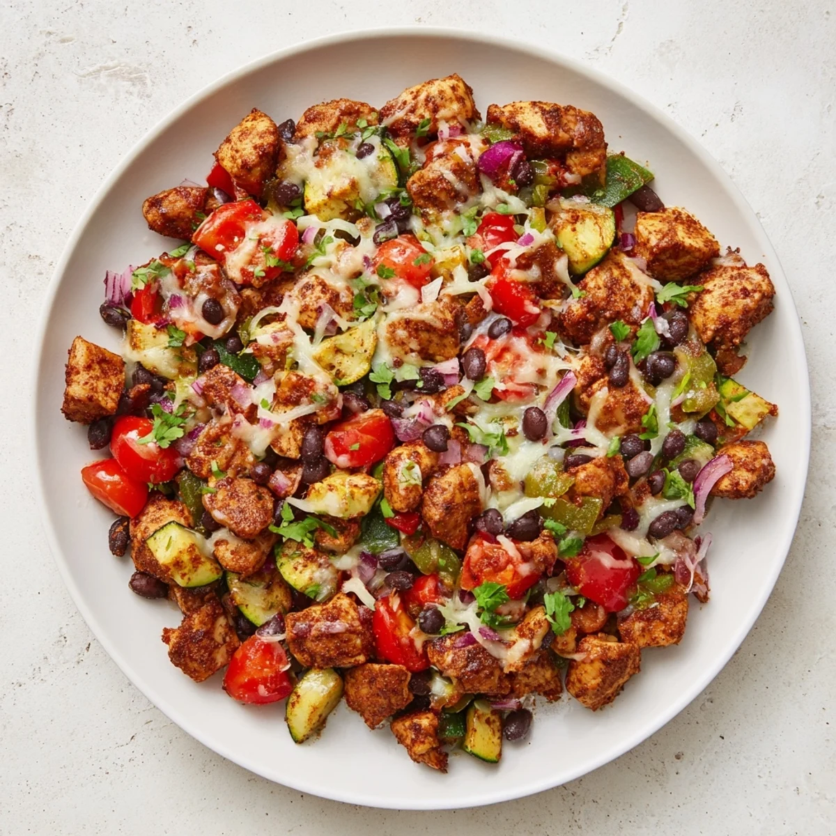A close-up of Tex Mex Chicken and Zucchini bubbling with melted cheese and black beans in a rustic skillet.