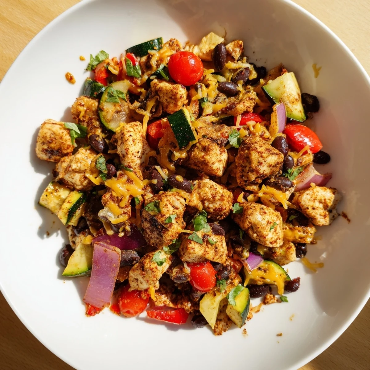 Serving Tex Mex Chicken and Zucchini over cilantro rice with warm tortillas for a festive family meal.