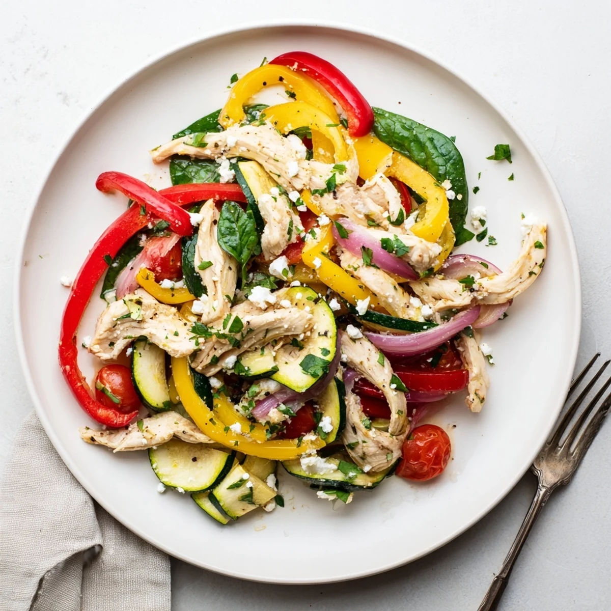 Vibrant Mediterranean Chicken Stir Fry with tender chicken and crisp bell peppers served over fluffy quinoa.  